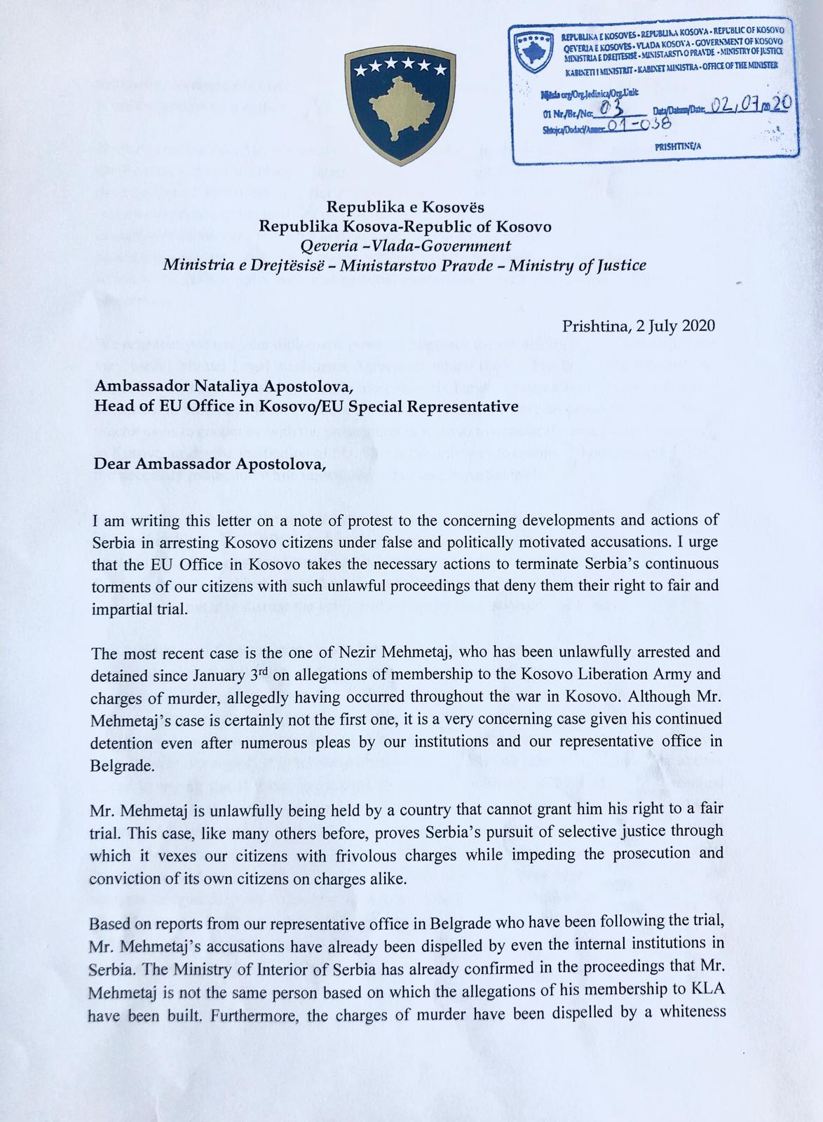 Rasti Mehmetaj – Ministri Selimi i dërgon letër Apostolovës