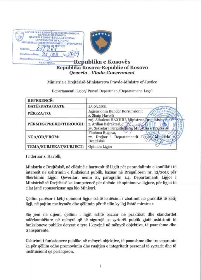 Ministria e Drejtësisë me opinion ligjor për Ligjin për Parandalimin e Konfliktit të Interesit në ushtrimin e funksionit publik
