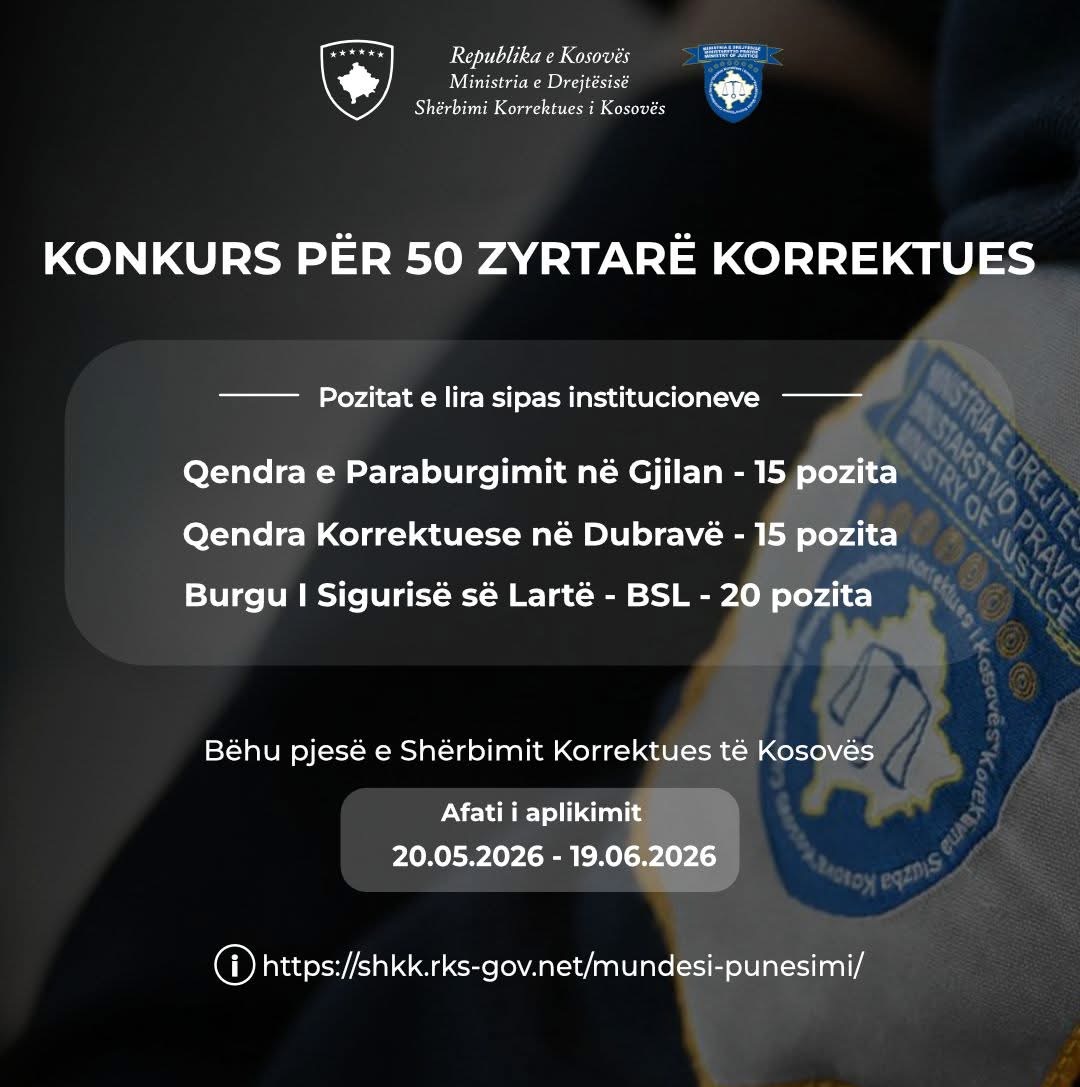 Hapet konkursi për 50 zyrtarë korrektues në institucionet korrektuese të Republikës së Kosovës